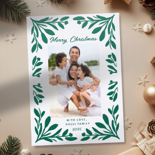 Rustic Folk Art Botanical Holly Frame Christmas Letterpress Photo Cards