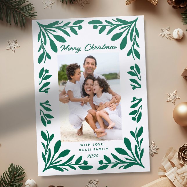 Rustic Folk Art Botanical Holly Frame Christmas Letterpress Photo Cards (Creator Uploaded)