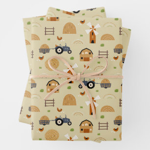 Rustic Folk Art Farm Tractors Seamless Pattern Wrapping Paper Sheets