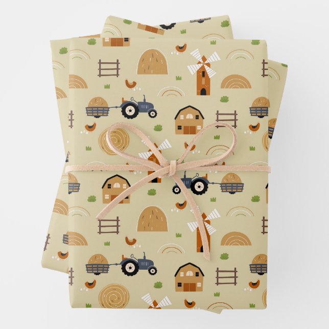 Rustic Folk Art Farm Tractors Seamless Pattern Wrapping Paper Sheets (In situ)