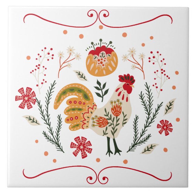 Rustic Folk Art Rooster Ceramic Tile (Front)
