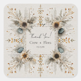 Rustic Folk Art Square Botanical Gold Wedding Square Sticker