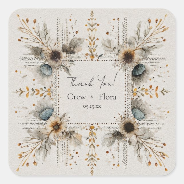 Rustic Folk Art Square Botanical Gold Wedding Square Sticker (Front)