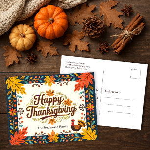Rustic Folk Art Turkey Happy Thanksgiving Postcard
