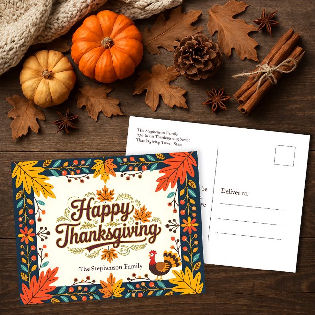 Rustic Folk Art Turkey Happy Thanksgiving Postcard (Creator Uploaded)