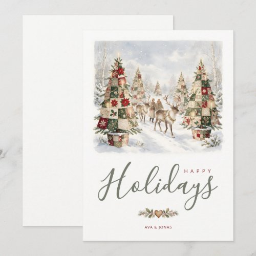 Rustic Folk Quilt Tree Reindeer Green Red TMF26 Holiday Card