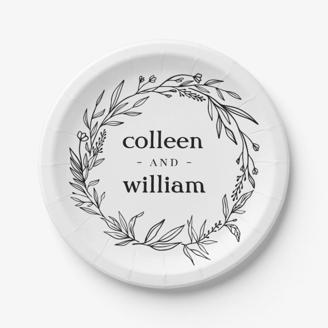 Rustic Folk Wildflower Wreath Wedding Paper Plates (Front)