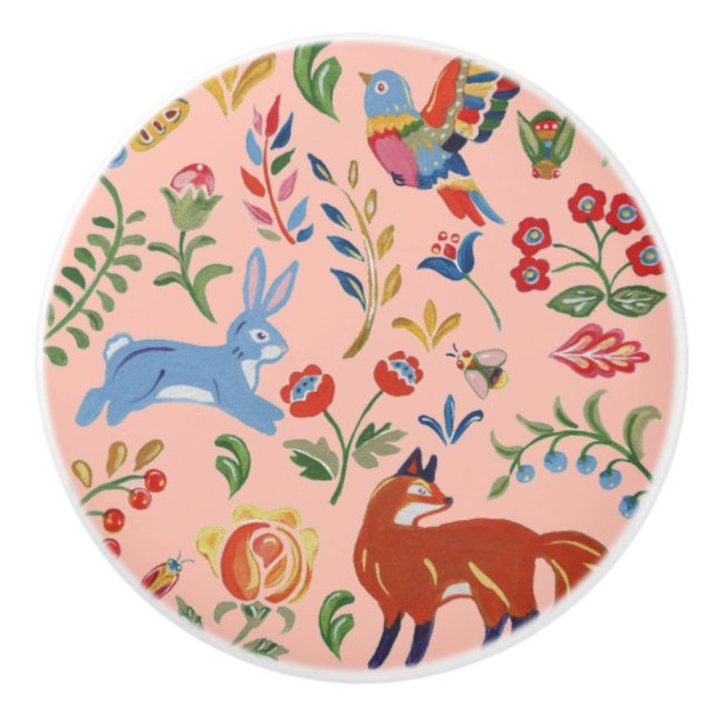 Rustic Folk Woodland Animal Flower Nursery Pink Ceramic Knob (Front)