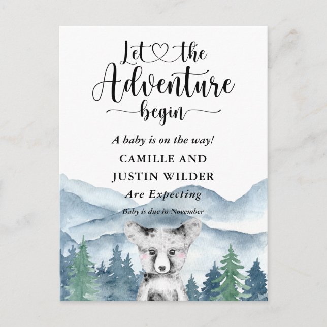 Rustic Forest Adventure Mountains Pregnancy Announcement Postcard (Front)