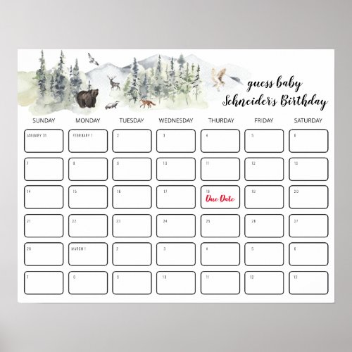 Rustic Forest  Baby Shower Birthday Guessing Game Poster