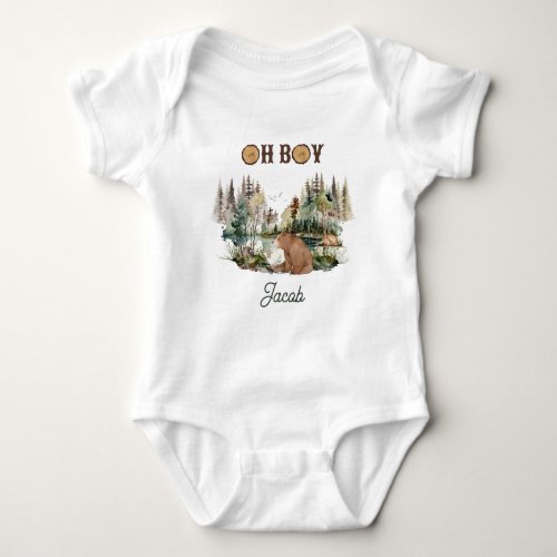 Rustic Forest Bear and Animals Oh Boy Baby Baby Bodysuit