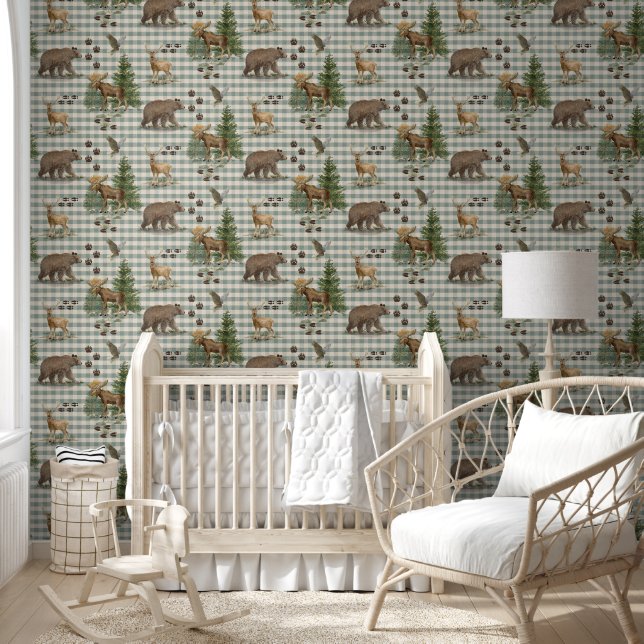 Rustic Forest Bear Deer Moose Blue Watercolor Wallpaper (Kids)