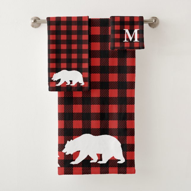 Rustic Forest Bear Red & Black Buffalo Check Plaid Bath Towel Set (Insitu)