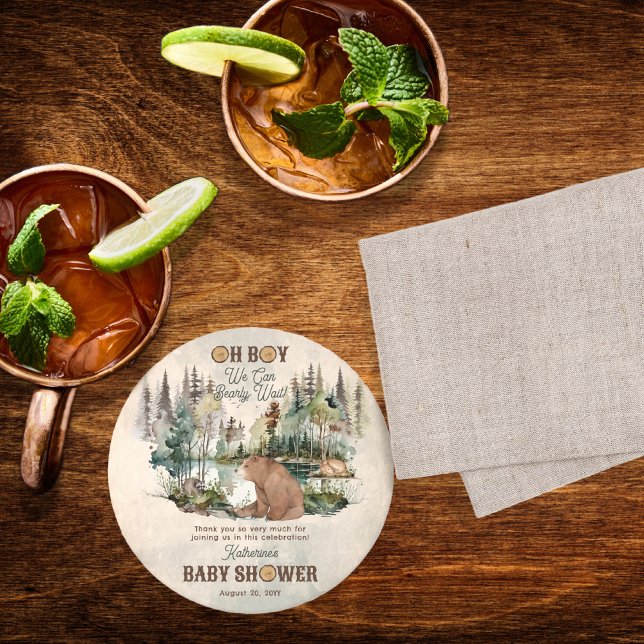 Rustic Forest Bearly Wait Baby Shower Thank You Round Paper Coaster ("Oh Boy We Can Bearly Wait!" Rustic Woodland Bear and Forest Animals Baby Shower Round Coasters)