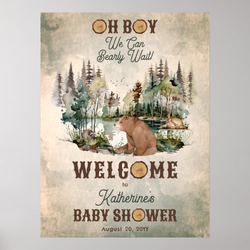 Rustic Forest Bearly Wait Baby Shower Welcome Poster
