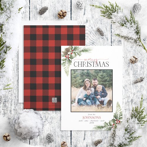Rustic Forest Berry Pinecone Plaid Family Photo Holiday Card