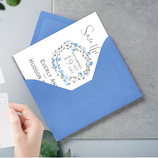 Rustic Forest Blue Peony Wreath Save the Date Invitation