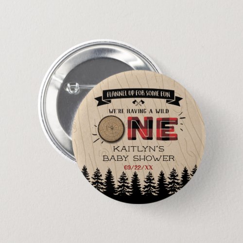 Rustic Forest Buffalo Plaid Wild One Baby Shower Button