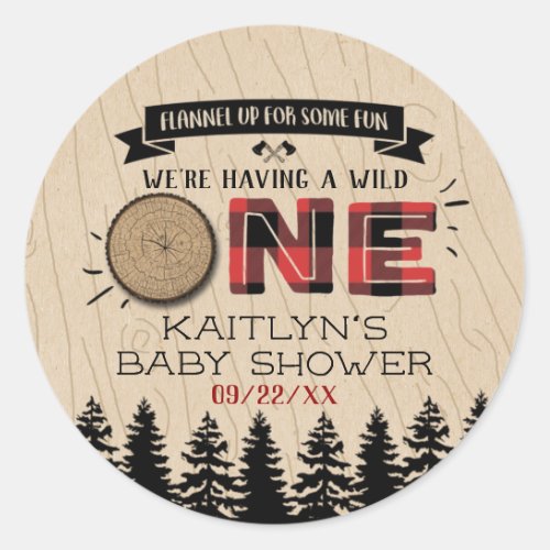 Rustic Forest Buffalo Plaid Wild One Baby Shower Classic Round Sticker