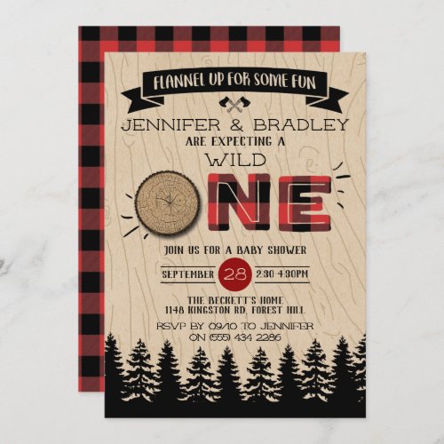 Rustic Forest Buffalo Plaid Wild One Baby Shower Invitation