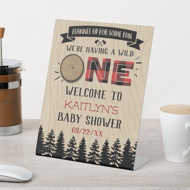 Rustic Forest Buffalo Plaid Wild One Baby Shower Pedestal Sign (In SItu)