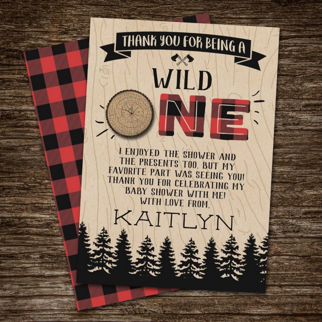 Rustic Forest Buffalo Plaid Wild One Baby Shower Thank You Card (Creator Uploaded)