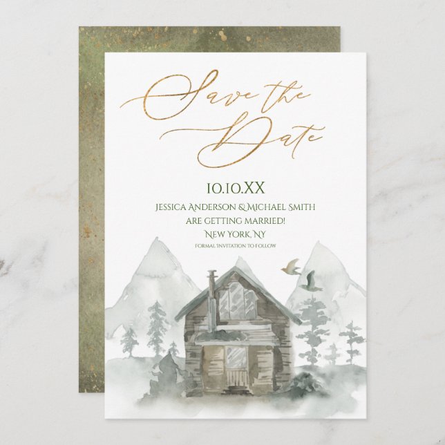 Rustic Forest Cabin Watercolor Save the Date Invitation (Front/Back)