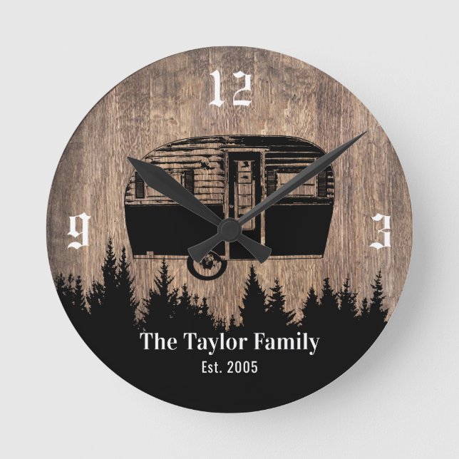 Rustic Forest Camping Trailer Happy Campers Family Round Clock (Front)