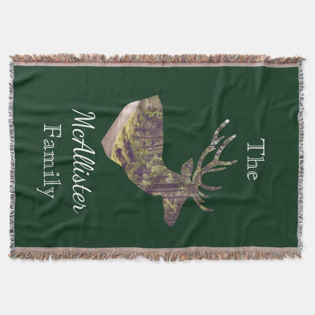 Rustic Forest Deer Buck Hunting Family Name Throw Blanket (Front)