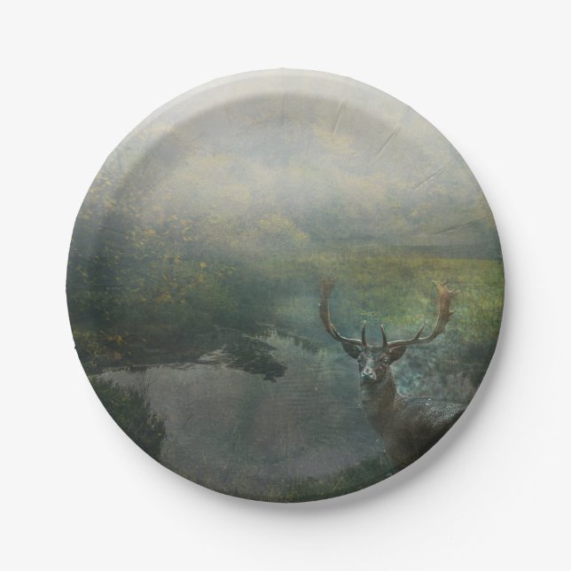 Rustic Forest Deer By Forest Pond Paper Plates (Front)