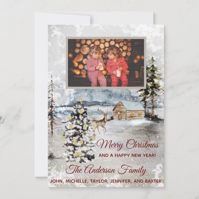 Rustic Forest Deer Cabin Photo Christmas Card (Front)