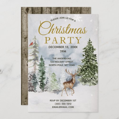 Rustic Forest Deer Cardinal Tree Christmas Party Invitation