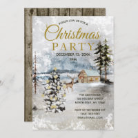 Rustic Forest Deer Tree Lights Christmas Party Invitation