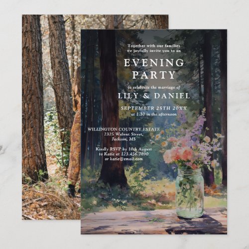 Rustic Forest Floral Mason Jar Photo Evening Party Invitation