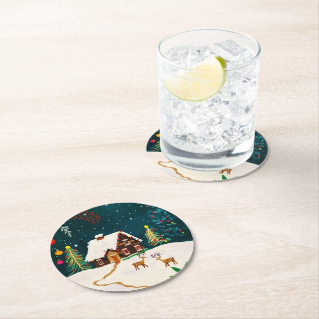 Rustic Forest Foliage Autumn Winter Berries  Round Paper Coaster (Insitu)