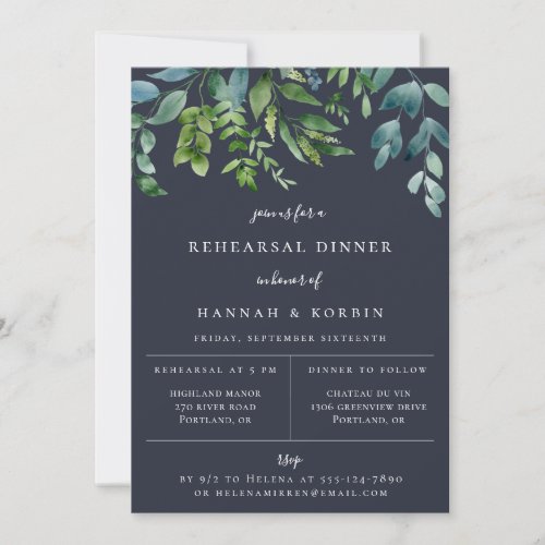 Rustic Forest Foliage Navy Blue Rehearsal Dinner Announcement