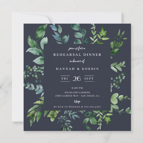 Rustic Forest Foliage Navy Blue Rehearsal Dinner Invitation