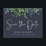 Rustic Forest Foliage Navy Blue Save the Date Announcement Postcard<br><div class="desc">Rustic watercolor forest foliage arrangements,  wedding save the date postcard. Card features elegant calligraphy "Save the Date",  on front and back.</div>
