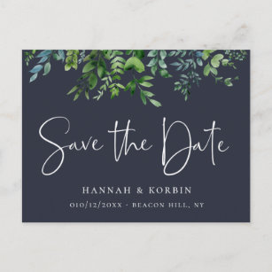 Rustic Forest Foliage Navy Blue Save the Date Announcement Postcard