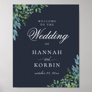 Rustic Forest Foliage Navy Blue Wedding Welcome Poster