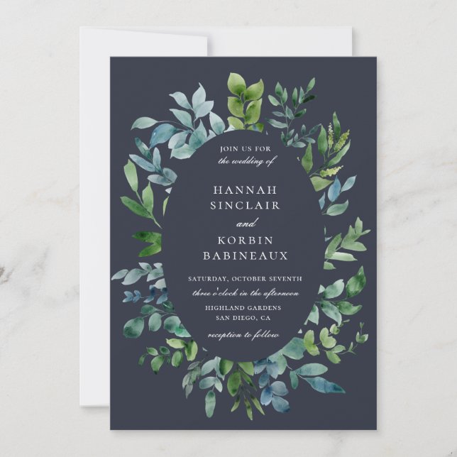 Rustic Forest Foliage Oval Frame Navy Blue Wedding Invitation (Front)