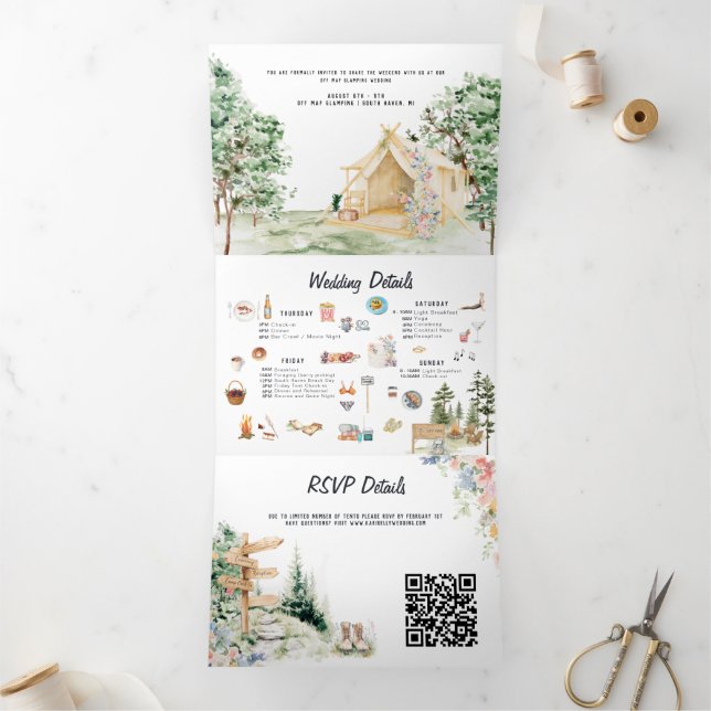 Rustic Forest Glamping Wedding Tri-Fold Invitation (Inside)
