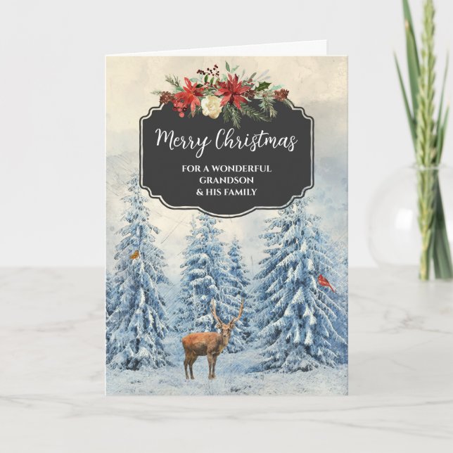 Rustic Forest Grandson & Family Merry Christmas Card (Front)