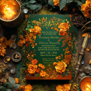 Rustic Forest Green Floral & Gold Autumn Wedding Invitation