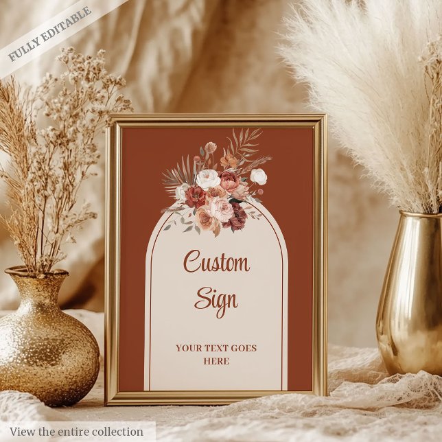 Rustic Forest Green Gold Leaves Wedding Custom  Poster (Elegant Terracotta Pampas Sage Boho Arch Custom Sign)