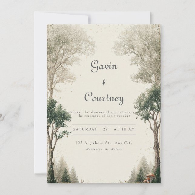 Rustic Forest Green Gold Woodland Wedding Invitation (Front)