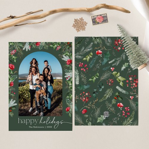 Rustic Forest Green Happy Holidays Botanical Arch Holiday Card