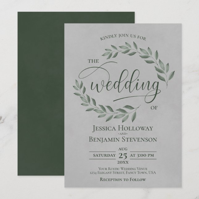 Rustic Forest Green Leaves Elegant Gray Wedding Invitation (Front/Back)
