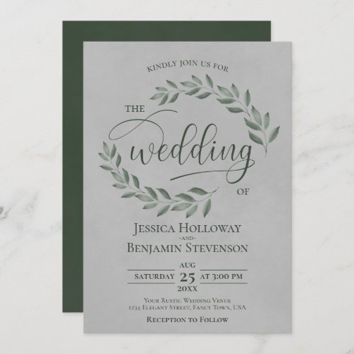 Rustic Forest Green Leaves Elegant Gray Wedding Invitation