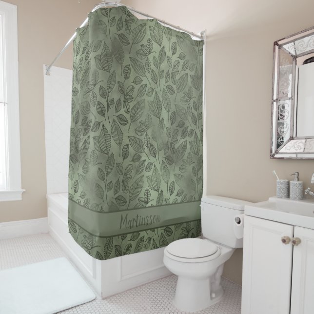 Rustic Forest Green Leaves Monogram Family Name Shower Curtain (In Situ)